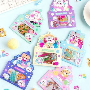 Lindas pegatinas Kawaii, pegatinas transparentes, gatos y osos, linda serie de bebés de corazón de azúcar de viento, escamas de diario, pegatinas de planificador, paquete de pegatinas B3C