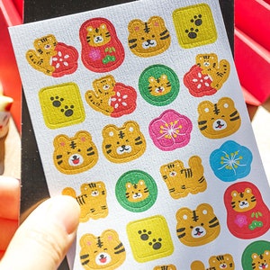 Autocollants, Feuilles d’autocollants du Nouvel An lunaire, Autocollants de l’année du tigre, Autocollants mignons, Autocollants Kawaii, Autocollants Lucky Cat, Autocollants Daruma B2SH