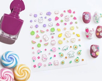 5d Kawaii Nail Decals, Cute Bunny and Bear Nail Decals, Fruit Nail Decals, Rainbow Nail Decals, Kawaii Nail Stickers, Berry Nail Stickers