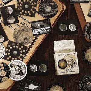 46 pegatinas retro de planetas, pegatinas de arte vintage, pegatinas de mapas, pegatinas de arte planetario, pegatinas de granos de café, pegatinas de luna