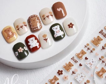 Kawaii Bear Nail Decals, Brown Bear Nail Decals, Flower and Bear Nail Decals, Brown Nail Decals, Happy Bear Nail Decals, Brown Nail Stickers