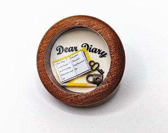 Handmade Treasure Button - Sapele Wood, Moveable Bits Under Glass, "Dear Diary", 1 3/4"