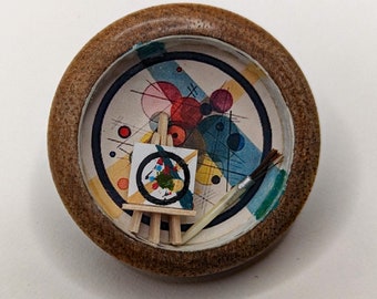 Handmade Diorama Button - Artist Studio Under Glass "Forging Kandinsky", 1 5/8"