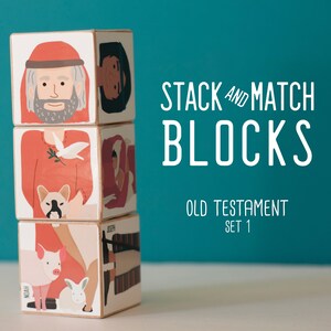 May include: Stack and Match Blocks Old Testament Set 1. A set of four wooden blocks with colourful illustrations of Old Testament stories. The blocks feature images of people, animals, and objects.