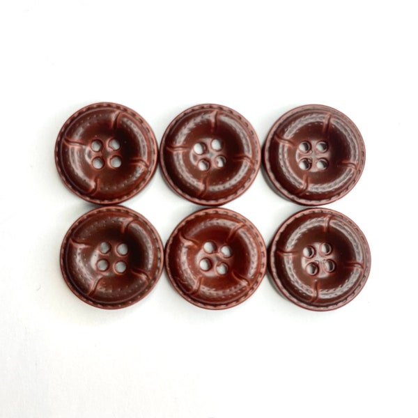 15MM - 6 Vintage Brown Leather-Like Buttons for Sewing and Knitting - 4Hole  Buttons with Rim and Stitch Design