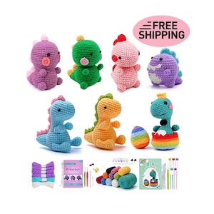 Dino Beginner Crochet Stuffed Animal Kit - DIY Crochet Kit with Hooks and Yarn - Fun Amigurumi Kit - Dinosaur Crochet Beginner Set