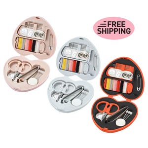 Mini kit de costura de viaje con forma de corazón y estuche: pequeña herramienta de costura portátil, kit de reparación de costura de emergencia para viajes con hilos, tijeras y agujas