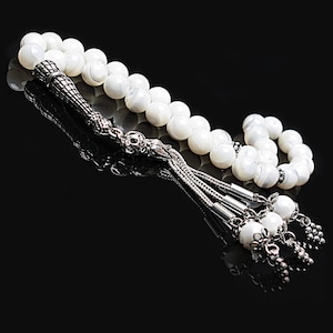 REAL Nacre Islamic Prayer 33 Beads, Tasbih, Tesbih, Misbaha, Tasbeeh, Sibha, Rosary, Tasbih 33, Tasbih Personalized 8mm, Silver Rosary