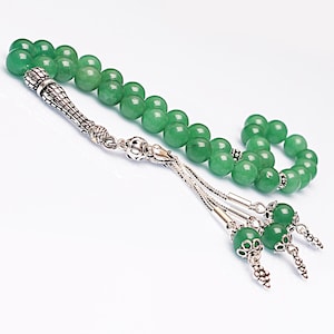 REAL Aventurine Islamic Prayer 33 Beads, Tasbih, Tesbih, Misbaha, Tasbeeh, Sibha, Rosary, Tasbih 33, Tasbih Personalized 8mm, Silver Rosary