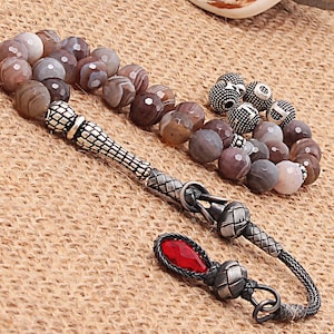 REAL Agate Islamic Prayer 33 Beads, Tasbih, Tesbih, Misbaha, Tasbeeh, Sibha, Rosary, Tasbih 33, Tasbih Personalized 8mm, Silver Rosary