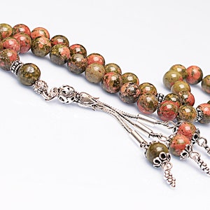 REAL Unakite Islamic Prayer 33 Beads, Tasbih, Tesbih, Misbaha, Tasbeeh, Sibha, Rosary, Tasbih 33, Tasbih Personalized 8mm, Silver Rosary