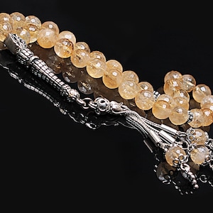 REAL Citrine , Islamic Prayer 33 Beads, Tasbih, Tesbih, Misbaha, Tasbeeh, Sibha, Rosary, Tasbih 33, Tasbih Personalized 8mm, Silver Rosary