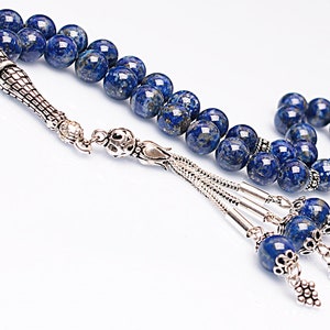 REAL Lapis Lazuli Islamisches Gebet 33 Perlen, Tasbih, Tesbih, Misbaha, Tasbeeh, Sibha, Rosenkranz, Tasbih 33, Tasbih Personalisierte 8 mm, Silber