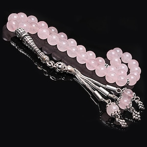 ECHTE Rosenquarz Islamische Gebet 33 Perlen, Tasbih, Tesbih, Misbaha, Tasbeeh, Sibha, Rosenkranz, Tasbih 33, Tasbih Personalisiert 8mm, Silber Rosenkranz