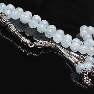 REAL Aquamarine Islamische Gebetsperlen 33, Tasbih, Tesbih, Misbaha, Tasbeeh, Sibha, Rosenkranz, Tasbih 33, Tasbih Personalisierte 8mm, silberner Rosenkranz