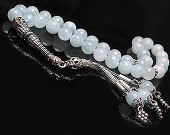 REAL Aquamarine Islamic Prayer 33 Beads, Tasbih, Tesbih, Misbaha, Tasbeeh, Sibha, Rosary, Tasbih 33, Tasbih Personalized 8mm, Silver Rosary