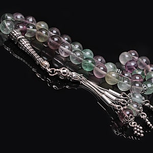 REAL Fluorite Islamic Prayer 33 Beads, Tasbih, Tesbih, Misbaha, Tasbeeh, Sibha, Rosary, Tasbih 33, Tasbih Personalized 8mm, Silver Rosary