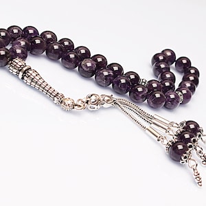 REAL Amethyst , Islamic Prayer 33 Beads, Tasbih, Tesbih, Misbaha, Tasbeeh, Sibha, Rosary, Tasbih 33, Tasbih Personalized 8mm, Silver Rosary