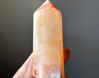 Carnelian Flower Agate Tower with Quartz | Rare Cream and Orange Carnelian Flower Agate