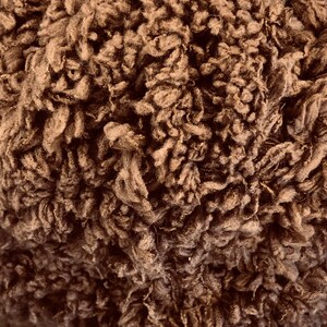 May include: Close-up of a brown, fluffy, textured fabric. The fabric has a soft, fuzzy appearance.