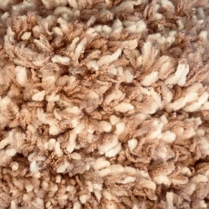 May include: Close-up of a fluffy, brown and white rug with a soft, textured surface.