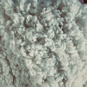 May include: Close-up of a fluffy, white, faux fur fabric. The texture is soft and plush, resembling a sheepskin.