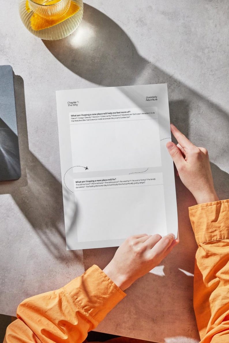 May include: A white paper worksheet titled Chapter 1: The Why and Disorderly Adventure, featuring two large blank rectangular boxes for writing. The text includes questions about moving to a new place, with a small airplane icon and a dashed flight path.