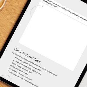 May include: A digital tablet displaying a page titled Chapter 2: The Expectations, featuring the text What kind of change feels exciting without making my nervous system leave the group chat? and a Quick Pattern Check list with six options.
