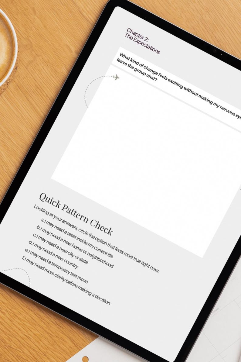 May include: A digital tablet displaying a page titled Chapter 2: The Expectations, featuring the text What kind of change feels exciting without making my nervous system leave the group chat? and a Quick Pattern Check list with six options.