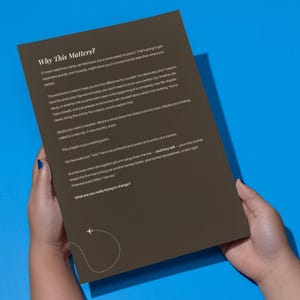 May include: A dark brown rectangular document featuring the heading Why This Matters? followed by several paragraphs of text regarding life changes and a small white airplane icon with a dashed flight path line at the bottom left corner.