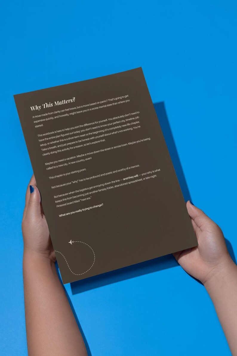 May include: A dark brown rectangular document featuring the heading Why This Matters? followed by several paragraphs of text regarding life changes and a small white airplane icon with a dashed flight path line at the bottom left corner.