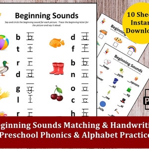 Correspondencia de sonidos iniciales y escritura a mano, práctica de fonética y alfabeto en preescolar, aprender a leer