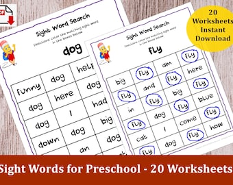 Sight Words for Preschool, Learn to Read Printable, 20 Preschool Worksheets, Dolce, for Parents Afterschool Homeschool or Daycare