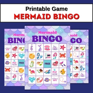 Mermaid Bingo para crianças jogo IMPRIMÍVEL 20 cartões de bingo de sereia jogo para crianças bingo de aniversário jogos de aprendizagem educação domiciliar jardim de infância primeira série