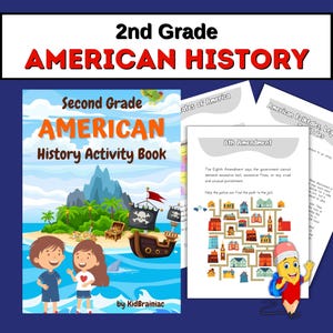 Pode incluir: Uma capa de livro colorida com o título "Second Grade American History Activity Book". A capa apresenta um navio pirata de desenho animado navegando em um oceano azul com uma ilha tropical ao fundo. Duas crianças estão em pé na praia, sorrindo e conversando.