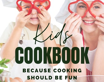 May include: Two people, a child and an adult, are wearing red bell pepper slices over their eyes. They are both smiling and wearing white chef hats. The text "Kids Cookbook" is written in large green letters with the tagline "Because cooking should be fun" below it.