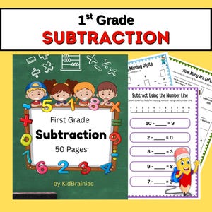 First Grade Subtraction Activity Book: 50 Printable Worksheets (Digital Download)