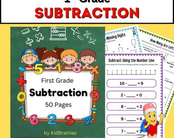 First Grade Subtraction Activity Book: 50 Printable Worksheets (Digital Download)