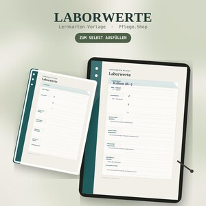 Op de afbeelding: Twee digitale studiekaarten voor laboratoriumwaarden met donkergroene randen en witte achtergronden. De tekst bevat 'LABORWERTE', 'Lernkarten-Vorlage', 'Pflege.Shop' en 'ZUM SELBST AUSFÜLLEN'. De kaarten bevatten velden voor 'Kalium (K+)', 'Normwert' en klinische notities.