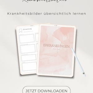Può includere: Un tablet digitale con uno sfondo acquerellato rosa e il testo "ERKRANKUNGEN Pflege Shop" sullo schermo. Il tablet è accanto a una penna stilo bianca. Il testo "JETZT DOWNLOADEN" è su un pulsante bianco sotto il tablet. Il testo "Pflegeshop.etsy" è sotto il pulsante.