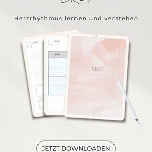 Könnte beinhalten: Ein digitales Tablet mit einem rosa Aquarellhintergrund und dem Text "EKG PflegeShop" auf dem Bildschirm. Zwei druckbare EKG-Arbeitsblätter sind auf der linken Seite des Bildes zu sehen. Der Text "JETZT DOWNLOADEN" und "Pflegeshop.etsy" ist ebenfalls auf dem Bild zu sehen.