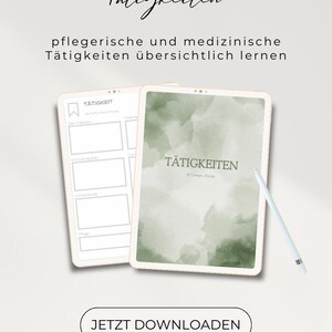 Op de afbeelding: Een digitale tablet met een groene aquarel achtergrond en de tekst "TÄTIGKEITEN Pflege.Shop" op het scherm. Een witte stylus ligt naast de tablet. De tekst "JETZT DOWNLOADEN" wordt onder de tablet weergegeven. De tekst "Pflegeshop.etsy" wordt onder de tekst "JETZT DOWNLOADEN" weergegeven.