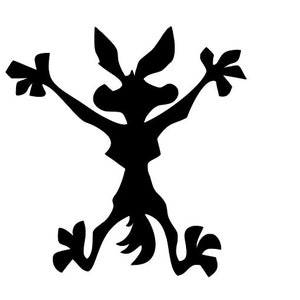 May include: Black silhouette of a cartoon coyote with its arms and legs outstretched, as if jumping or running.