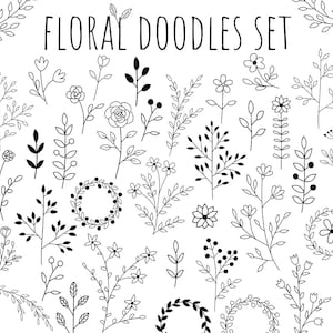 Ensemble d'éléments floraux de griffonnages floraux clip art png - téléchargement numérique