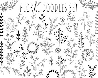 Floral doodles flower elements set clip art png - digital download