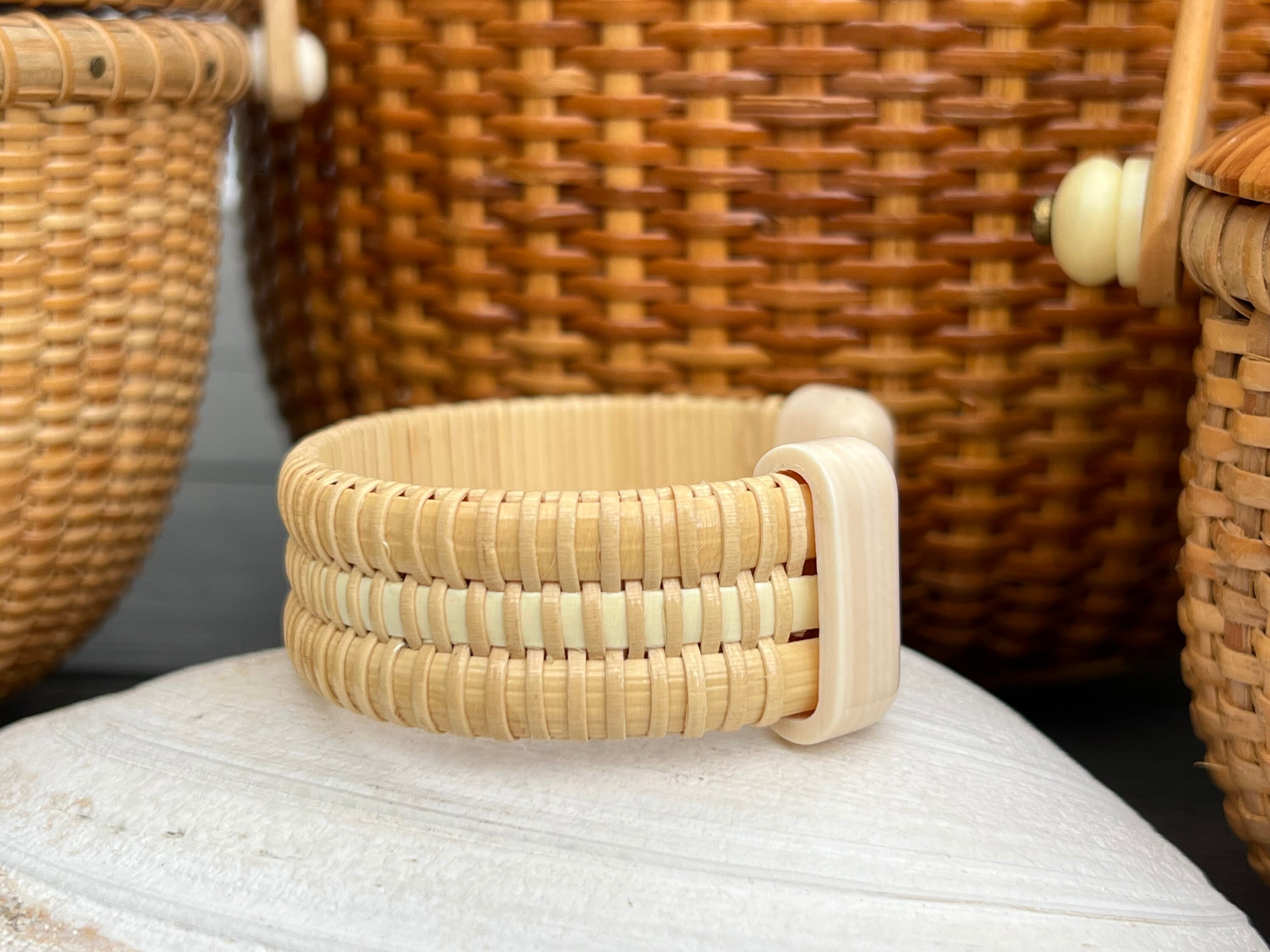 3/4 Nantucket Basket Bracelet. Ivory Cane Center Stave, Ecoivory End