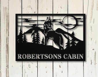 Wolf Custom Cabin Name Sign, Metal Wall Decor, Custom Metal Wolf Art, Wolf Decoration, Nature Wall Art, Wildlife Lover Gift, Wall Hanging