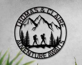 Personalized Hiking Great Outdoor Monogram Sign, Couple Hiking in Woods, Custom couples hiking metal art wall decor