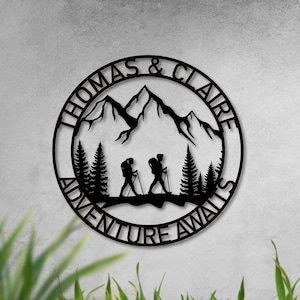 Personalized Hiking Great Outdoor Monogram Sign, Couple Hiking in Woods, Custom couples hiking metal art wall decor