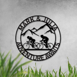 Mountain Bikers Metal Wall Art Sign, Personalized Couples Biker Name Sign, Custom Bike Metal Sign, Bike with Mountain Wall Decor,